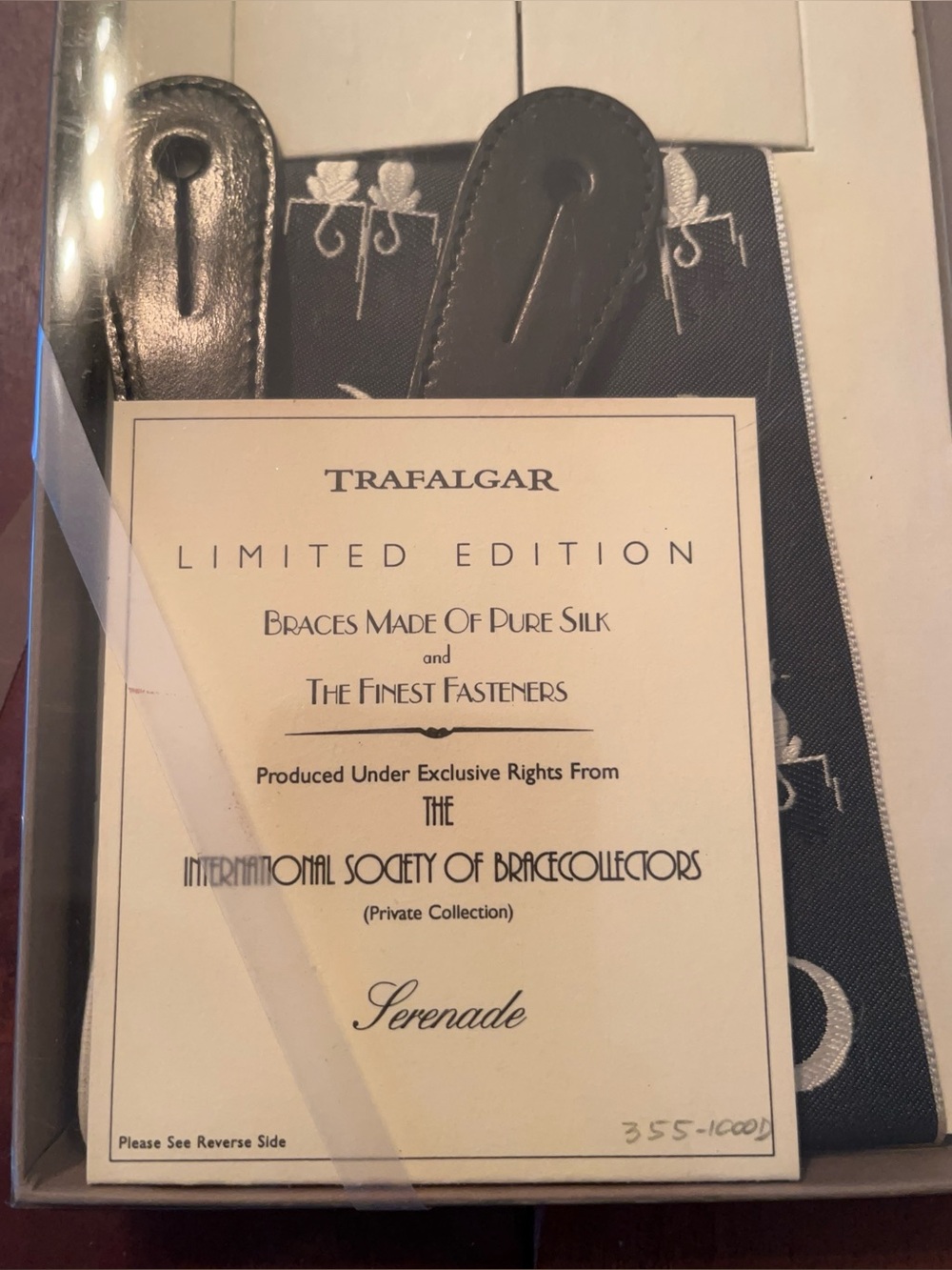 Trafalgar Navy Silk Suspenders with White Cat Motif - Picture 2 of 4